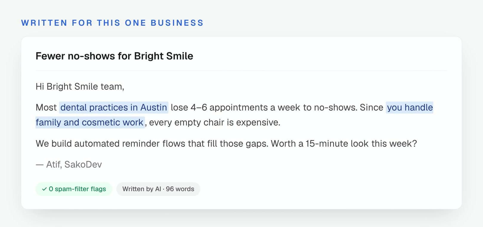 A personalized outreach email written by Outreach Studio for a dental business with contextual details highlighted